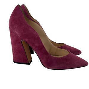 Nine West Heels Purple Suede Leather Size 8.5 Pointed Toe Block Heel Scalloped